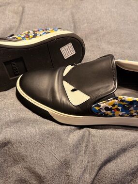 Fendi Leather Slip-On Sneakers with Multicolor Camouflage Accents